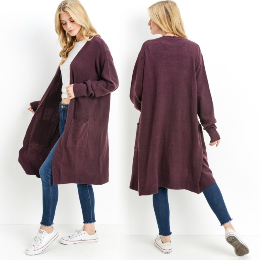Women's Long Cardigan Sweater in Wine - Picture 5 of 5